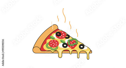 A single triangular slice of hot pizza with melted cheese and various toppings is shown with steam rising.