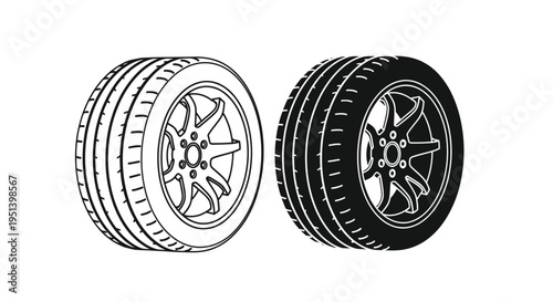 Two car tires with detailed rims presented in black outline silhouette