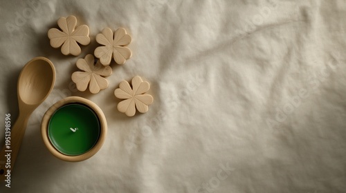 Minimalist setup showcasing green candle and wooden clover decorations on light background with spoon and space around