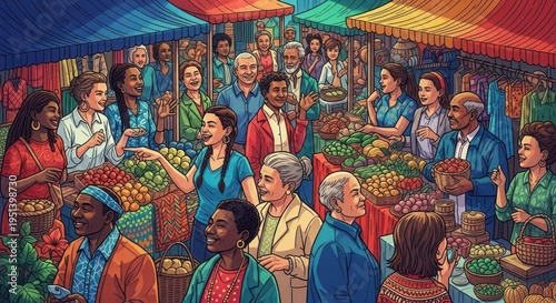 Vibrant Multicultural Market Scene with Diverse People Shopping for Fresh Produce