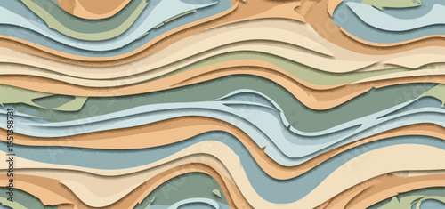 Abstract wavy layered pattern, flowing lines in earthy tones, retro topographic style seamless background