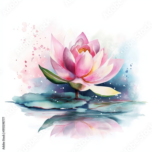 Watercolor clipart of a lotus flower on still water during a sunny day with splashes of color in the background
