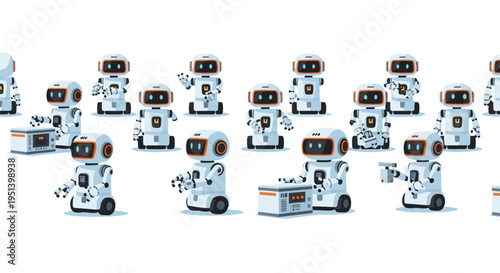 Numerous small white mobile robots with orange screens and wheels perform various tasks in a seamless pattern against a clean white background.