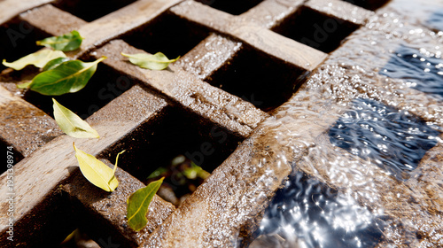 A rusty storm drain grate catches leaves and water on asphalt.