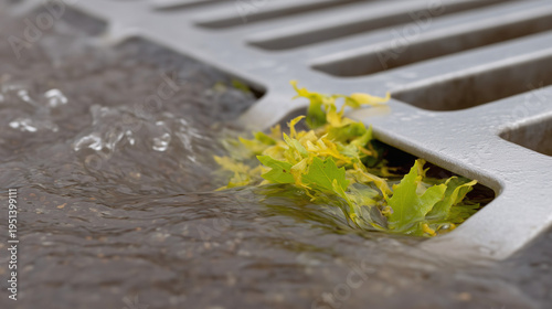 An old drain grate with leaves lies in wet pavement.