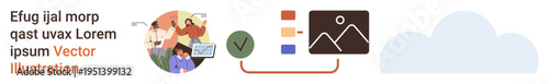 Cloud storage, teamwork, digital workflow, online tools, data analysis, content management. People working, icons connecting data to a cloud. Cloud storage and teamwork concepts