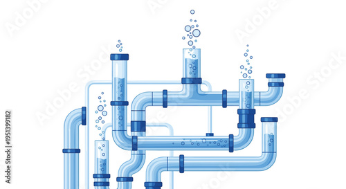 A complex system of interconnected blue pipes with bubbling water is arranged against a plain white background.