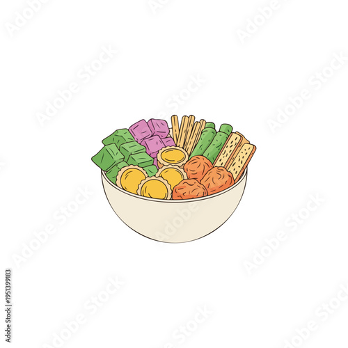 Bowl of assorted food and vegetables.