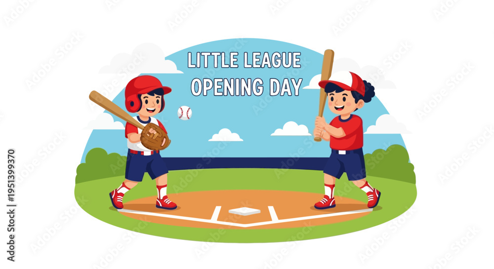 Naklejka premium Cartoon Baseball Players on Opening Day Field. Vector Illustrations. EPS Editable