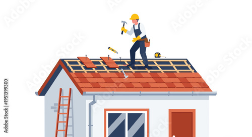 A male roofer wearing a yellow hard hat is hammering red tiles onto a house roof with tools scattered nearby.