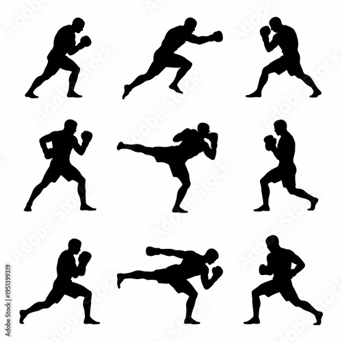 Nine silhouettes depict various fighting stances, including both boxing and kickboxing position