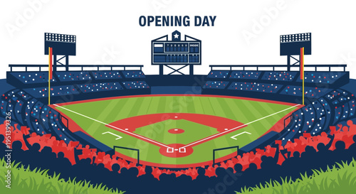 Baseball Stadium Field Opening Day Bright Scene. Vector Illustrations. EPS Editable