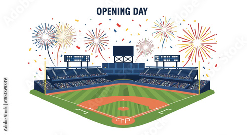 Baseball stadium opening day celebration with fireworks and confetti. Vector Illustrations. EPS Editable
