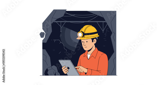 A male miner wearing a headlamp is holding a digital tablet inside a dark mine shaft.