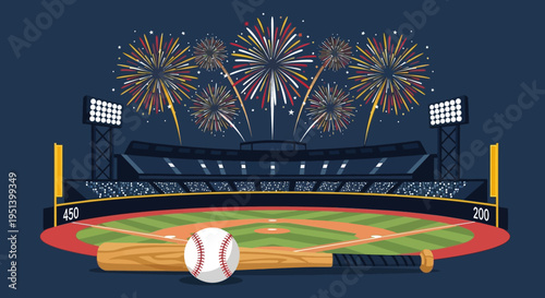 Baseball stadium with fireworks and equipment. Vector Illustrations. EPS Editable