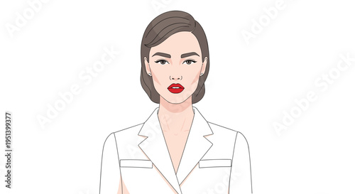 A stylish woman with short brown hair and red lipstick is wearing a white blazer and looking directly forward.