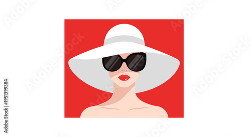 A woman wearing a large white sun hat and dark sunglasses is depicted against a vibrant red background.