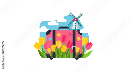 Colorful Decorative Suitcase Surrounded by Flowers. Vector Illustrations. EPS Editable