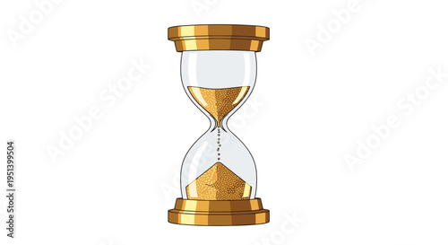 A golden hourglass with flowing golden sand is centrally positioned and isolated against a stark white background.