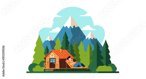 Cozy mountain cabin in forest landscape. Vector Illustrations. EPS Editable