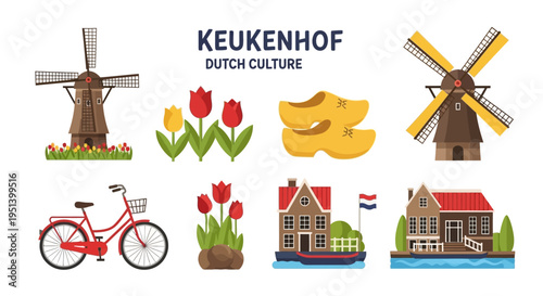 Dutch Culture Iconic Collage Featuring Windmills Tulips and Bicycles. Vector Illustrations. EPS Editable