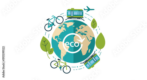 Eco Friendly Earth With Bicycles And Leaves. Vector Illustrations. EPS Editable