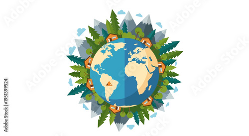 Earth Surrounded by Lush Trees and Verdant Greens. Vector Illustrations. EPS Editable