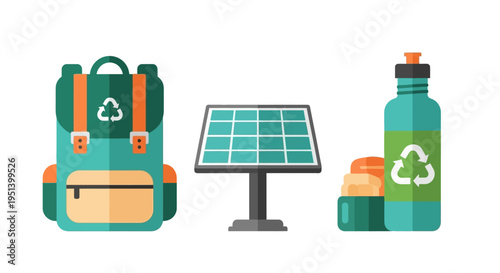 Eco friendly backpack solar panel water bottle set. Vector Illustrations. EPS Editable