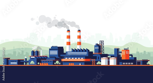 Industrial factory landscape with smokestacks emitting smoke against green hills