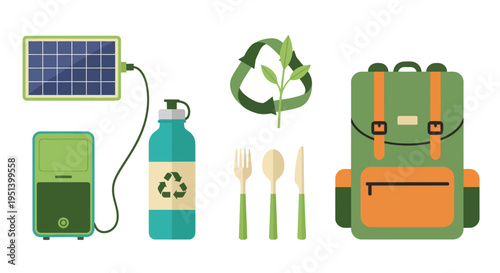 Eco Friendly Solar Energy and Recycling Kit. Vector Illustrations. EPS Editable