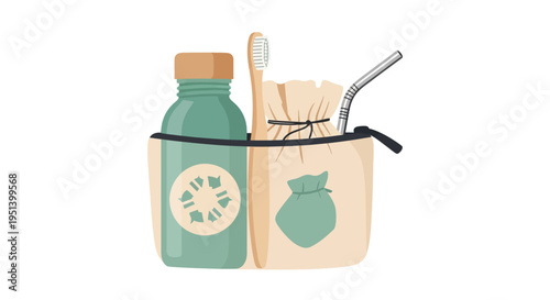 Eco friendly toiletry kit with reusable bottle and bag. Vector Illustrations. EPS Editable