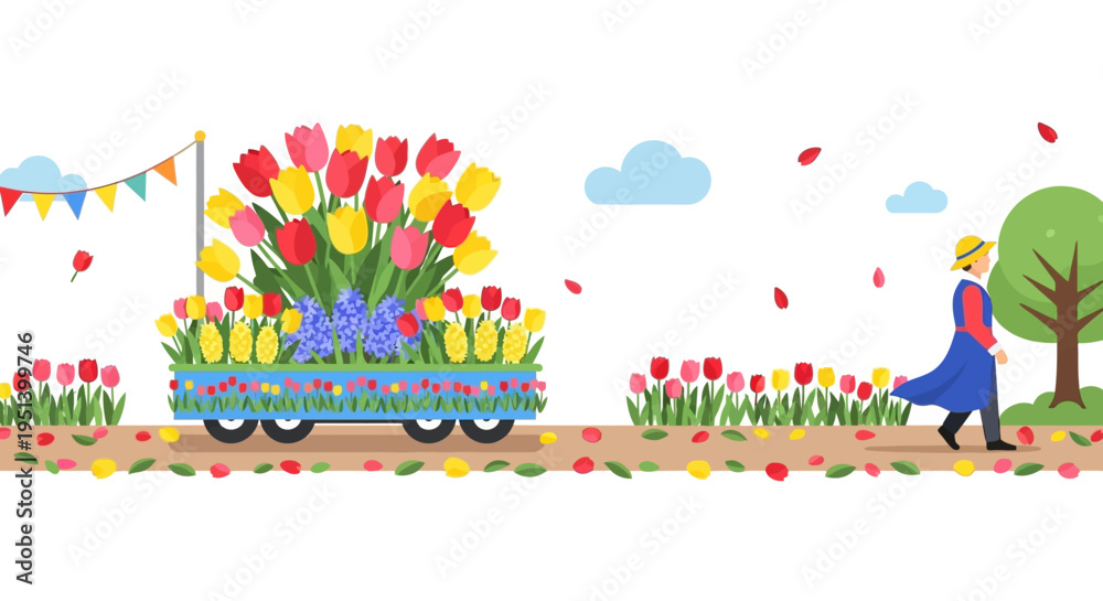 Obraz premium Person Walking with Colorful Flower Cart. Vector Illustrations. EPS Editable