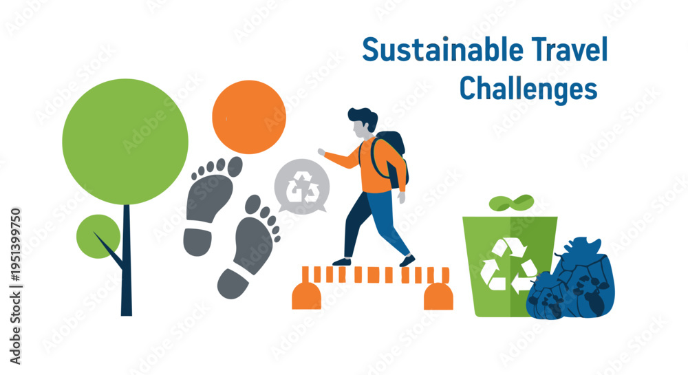 Fototapeta premium Person with Backpack Navigating Sustainable Travel Challenge. Vector Illustrations. EPS Editable