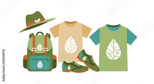 Outdoor gear set with backpack hat tshirt and hiking shoes. Vector Illustrations. EPS Editable