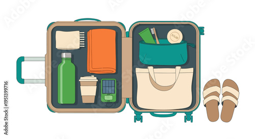 Open Suitcase With Packed Travel Essentials. Vector Illustrations. EPS Editable