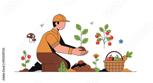 A cartoon person wearing a hat and orange shirt kneels on the ground to plant a small green sapling with visible roots on a plain white background.