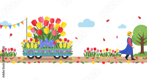 Person Walking with Colorful Flower Cart. Vector Illustrations. EPS Editable