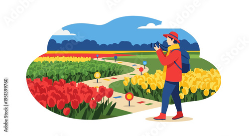 Photographer in vibrant tulip field capturing scene. Vector Illustrations. EPS Editable
