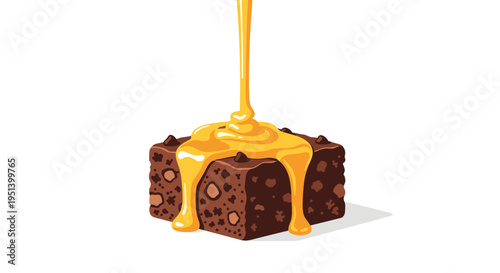 A single, dark brown, rectangular brownie with visible chocolate chips receives a thick stream of golden caramel sauce pouring onto its center from above.