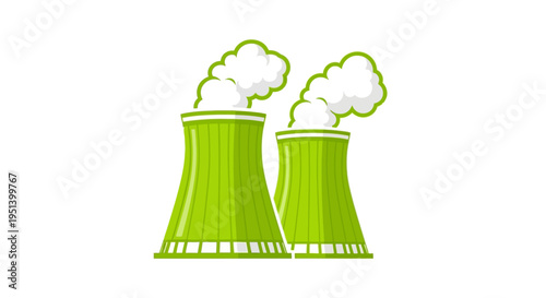 Illustration of two green cooling towers with white steam against a white background