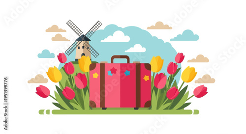 Pink Suitcase Surrounded by Flowers Center Stage. Vector Illustrations. EPS Editable