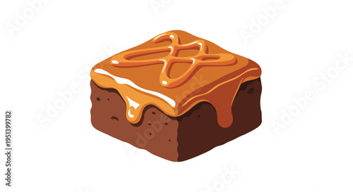 A single, rich brown, square-shaped brownie with glossy caramel sauce artfully drizzled in a swirling pattern on its top sits on a white background.