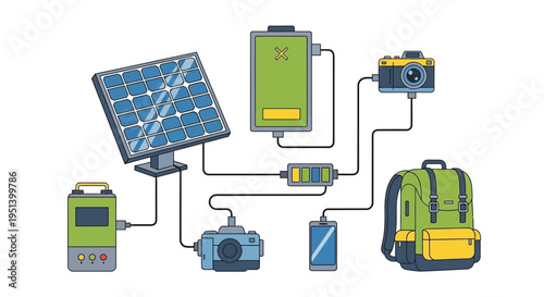 Portable Solar Power System With Battery Pack. Vector Illustrations. EPS Editable