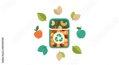 recycling bin surrounded by leaves and fruit icons. Vector Illustrations. EPS Editable