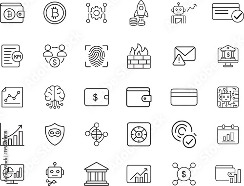 Business vector icon set, bitcoin, wallet, rocket, robot, credit card, KPI, fingerprint, firewall, bank, brain, growth, shield, safe, calendar, analysis