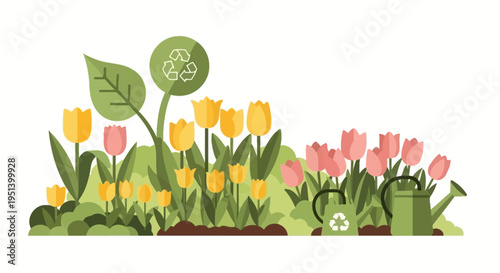 Tulips in Bright Garden Blooming Display. Vector Illustrations. EPS Editable