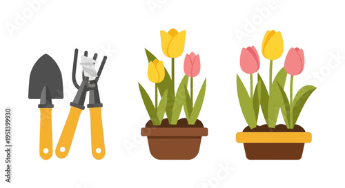 Tulips In Pots Close Up Focused On Flowers. Vector Illustrations. EPS Editable