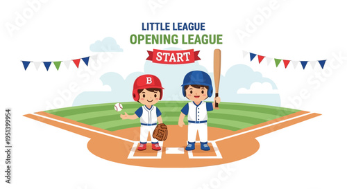 Two young baseball players at home plate finish line. Vector Illustrations. EPS Editable
