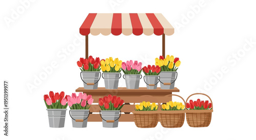 Vibrant Flower Stand Display With Fresh Blooms. Vector Illustrations. EPS Editable