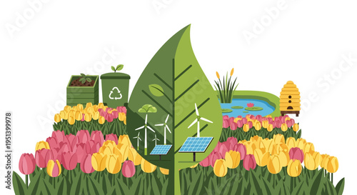 Vibrant flower garden with tulips and lush leaves. Vector Illustrations. EPS Editable